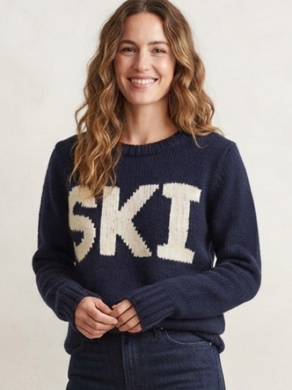 Wooden Ships Sz S-M Knit Wool Mohair Blend Navy Ski Logo Sweater